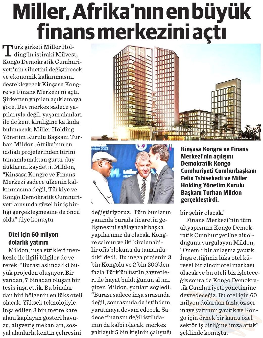 Miller Inaugurates One of Africa's Largest Financial Centers.